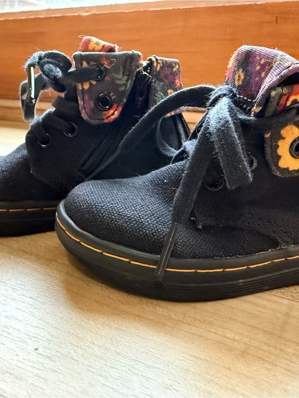 Dr. Martens Kids Black High-Top Canvas Boots with Floral Cuff